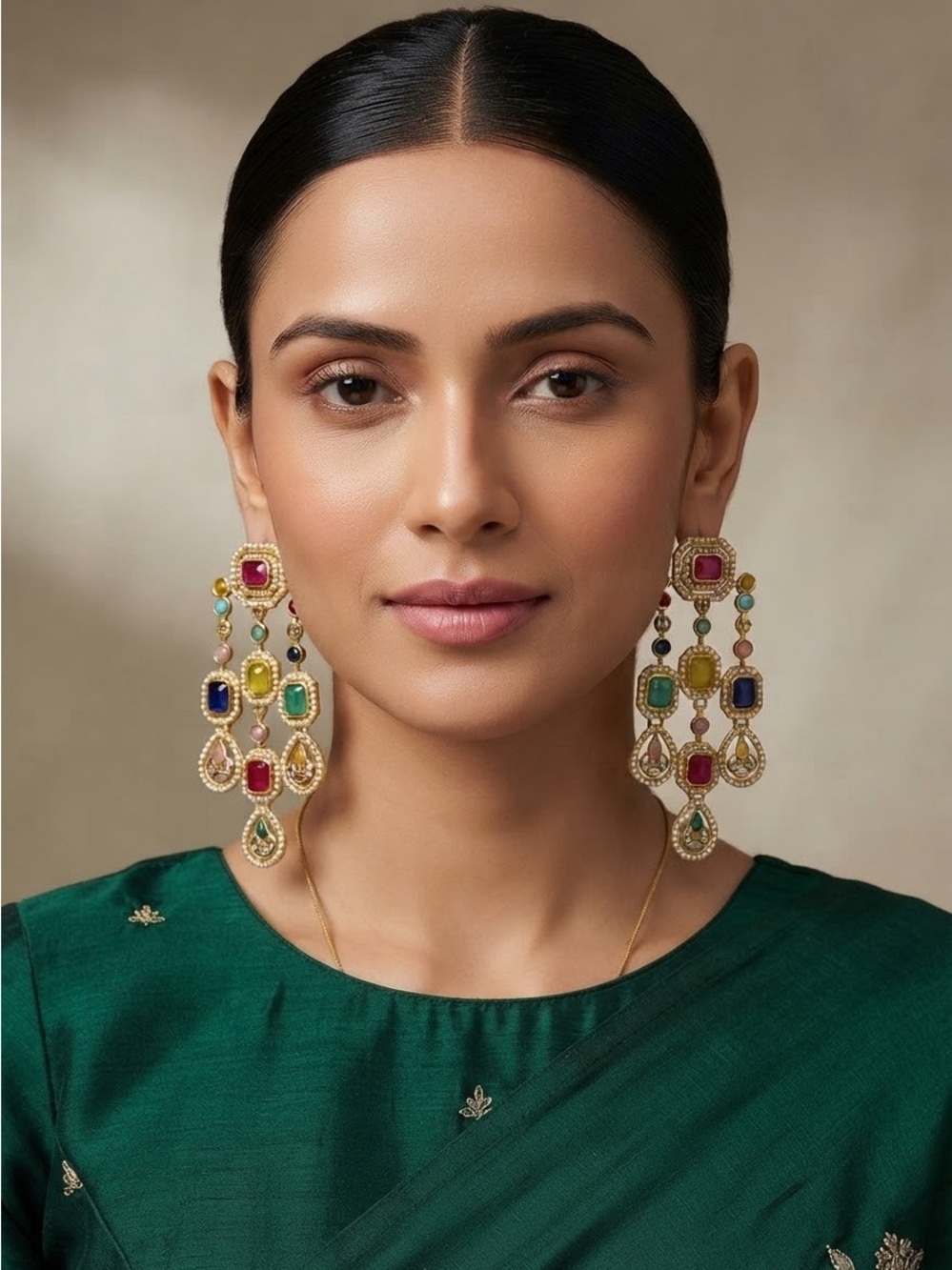 Multicolor Gemstone Chandelier Drop Earrings - Gold Tone